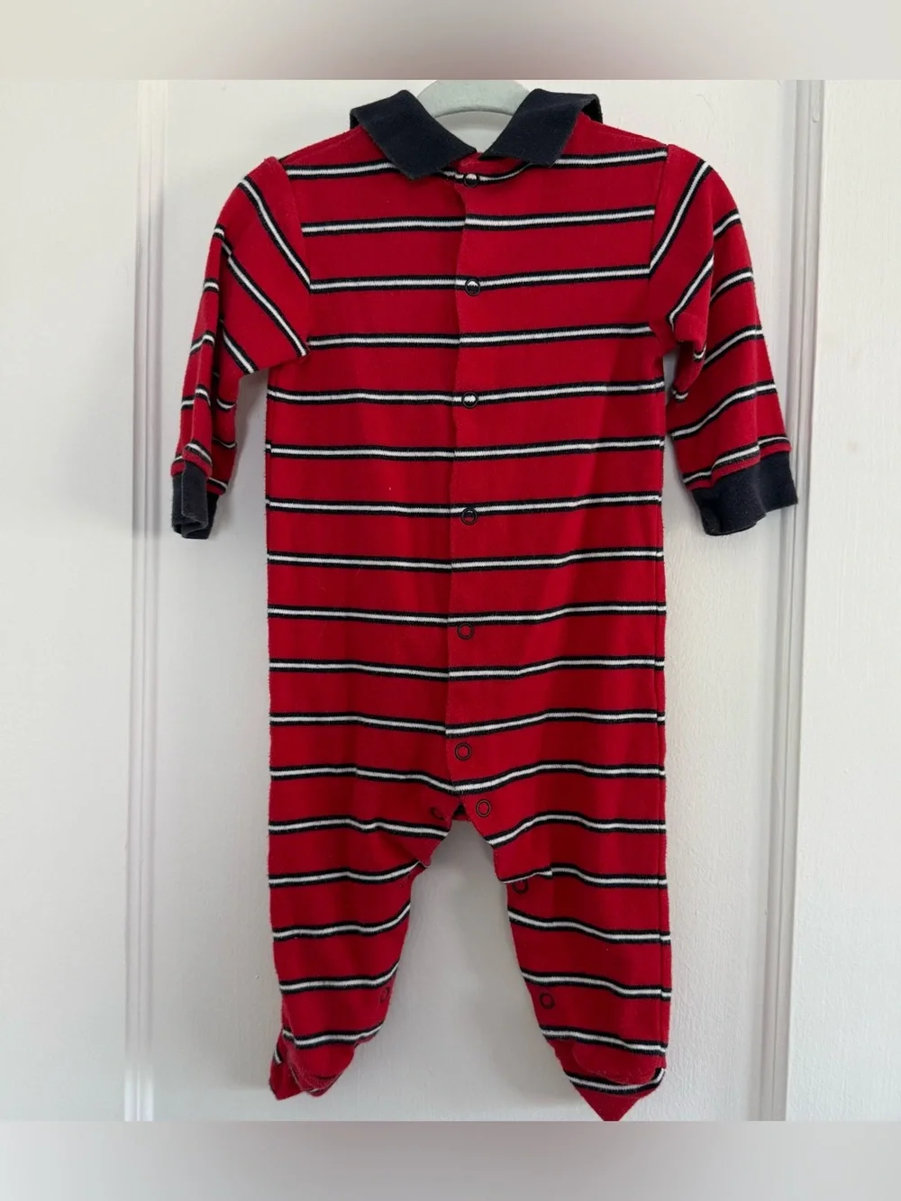 Ralph Lauren Footed One-Piece Collared Red & Navy Striped Sz 6-9m